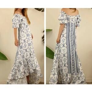 Mulla blue Floral Flutter Sleeve High Low Maxi Midi Dress S Twist Front Boho